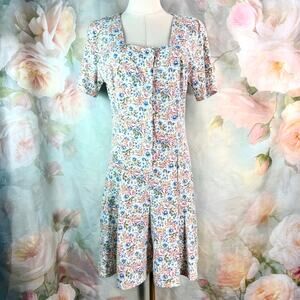 Vintage 80s Zanoni By Jalate Floral Faux Pearl Button Front Square Neck Romper